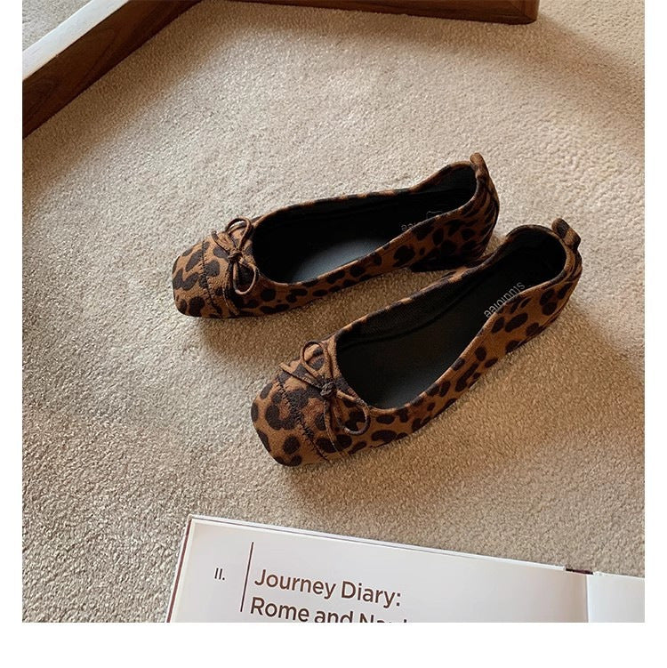 Women's Low-cut Bow Small Chunky Leopard Print Women's Shoes