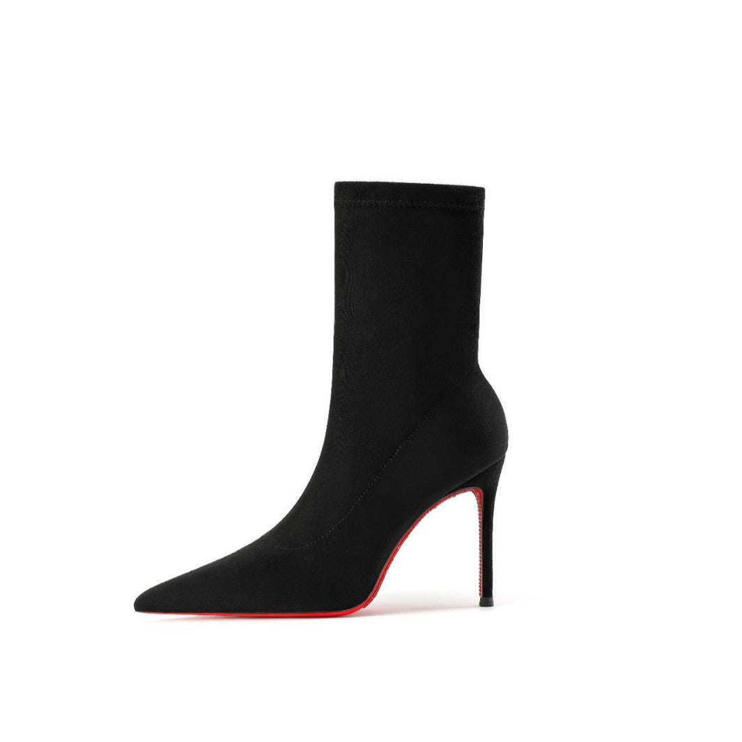 French Style Black Stretch Skinny Red Bottom Stiletto Pointed Toe Women's Leather Boots