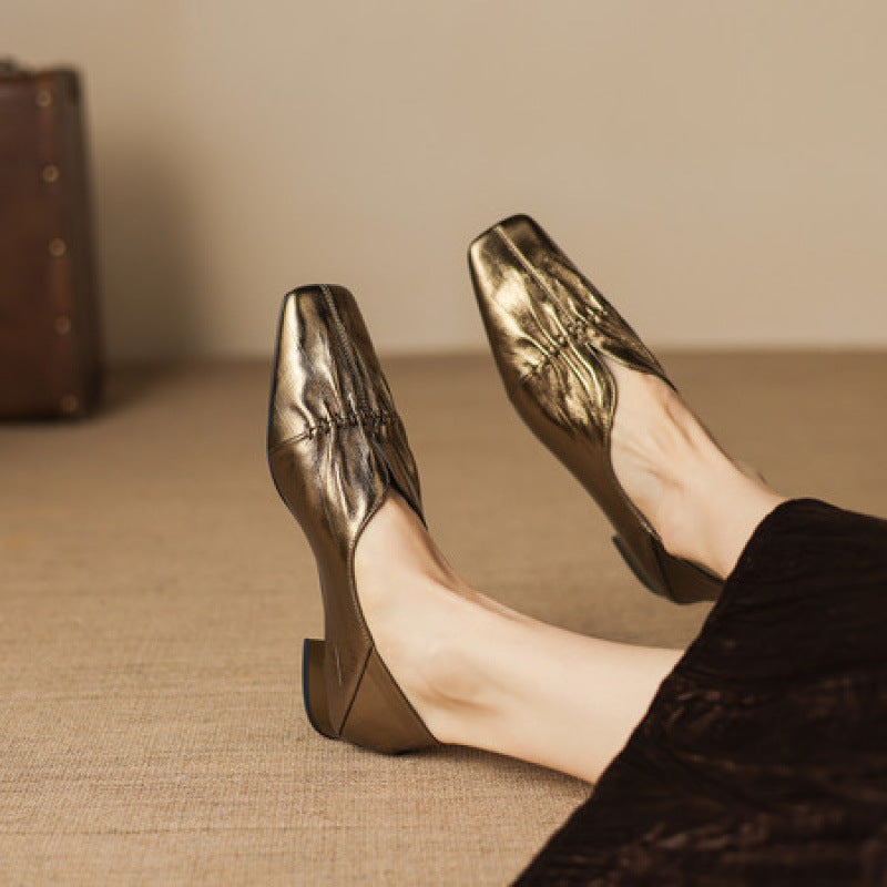 Women's French Vintage Style Square Toe Pleated Spring Pumps Slip-on Comfortable Leather Shoes