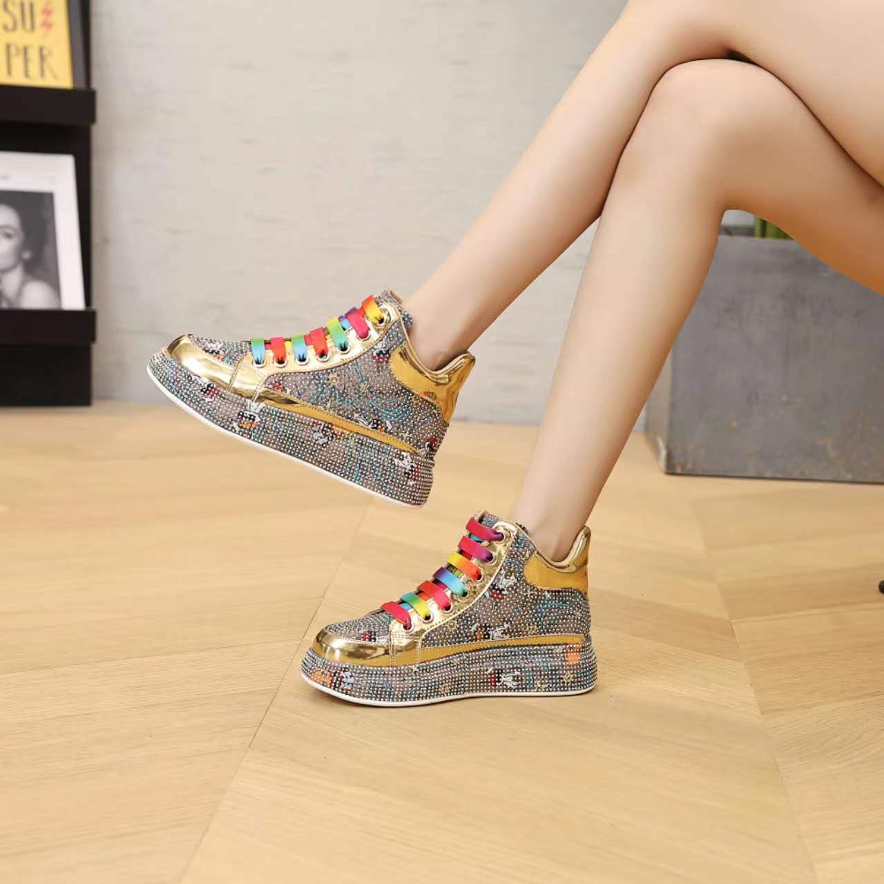 Women's Colorful Rhinestone Iti Sports Board Breathable Low Top Dad Women's Casual Shoes