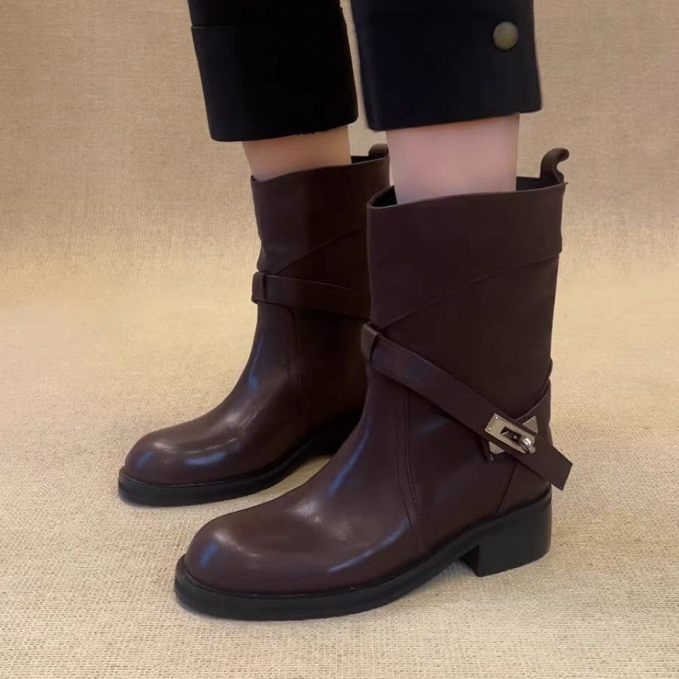 Style Round Toe Belt Lock Daily Chunky Ankle Graceful Fashion Women's Leather Boots