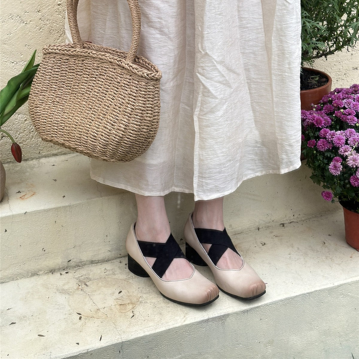 Version Square Head Ballet High Authentic Retro Pig Nose Chunky Women's Casual Shoes