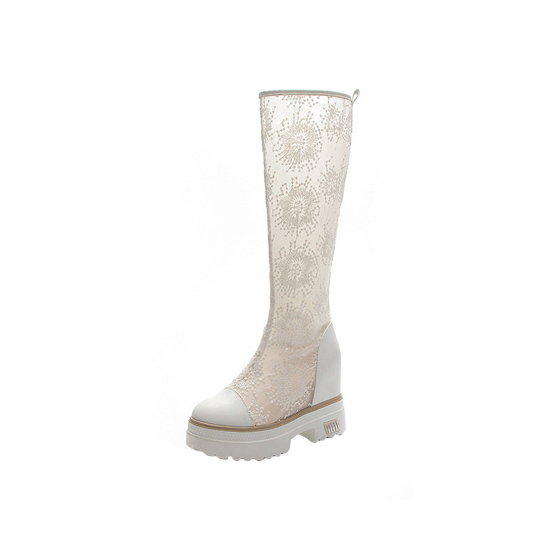 Women's White Embroidered Mesh Height Increasing Insole Thin Below The Knee Boots