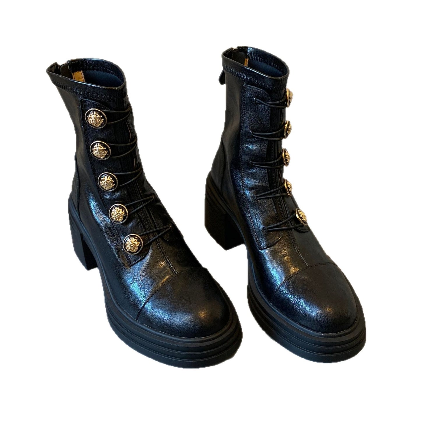 Women's Badge Small Golden Button Martin Thick Bottom Round Toe High Heels