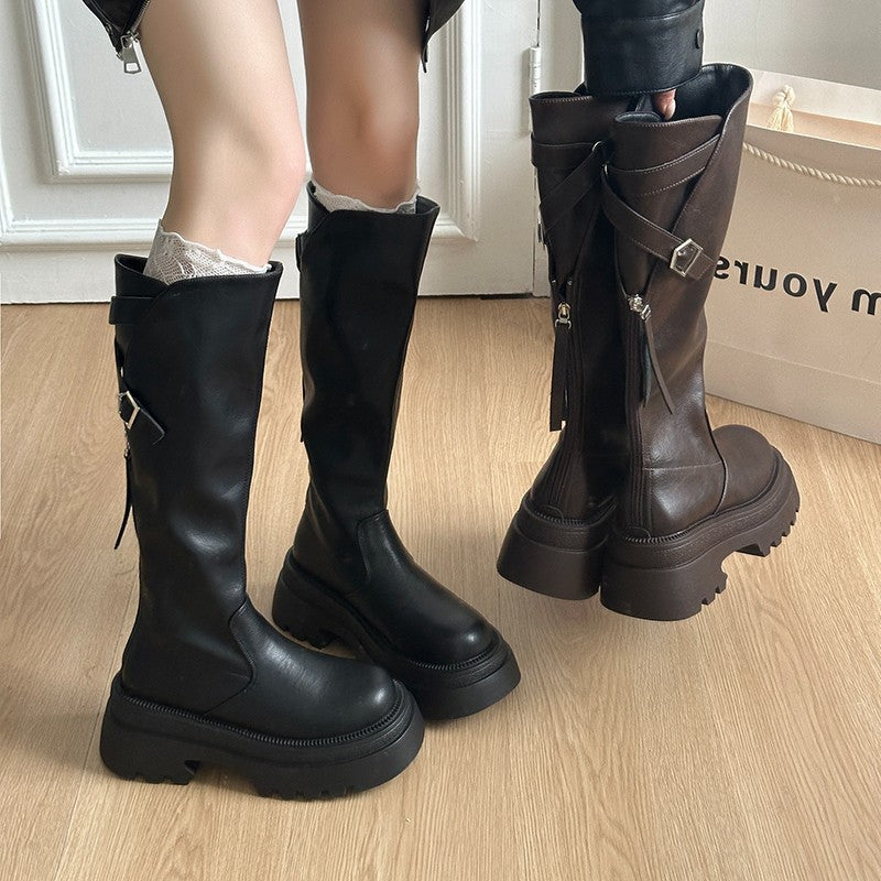 Small Thick Leg Slimming Bottom Female Belt Buckle Retro High Women's Leather Boots
