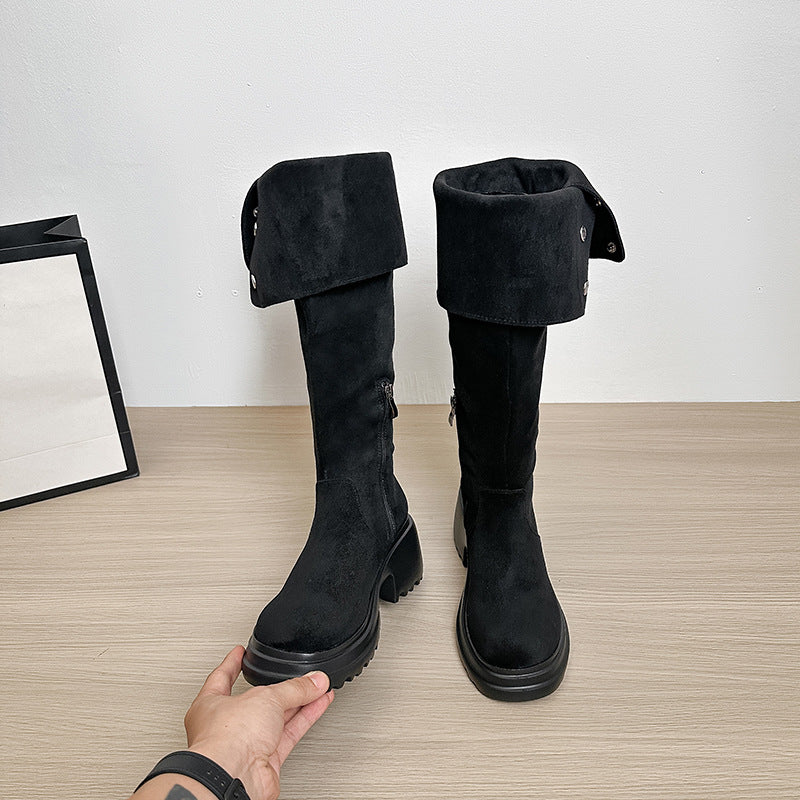 Women's Suede Thick-soled Stretch Widened Long Veet Boots