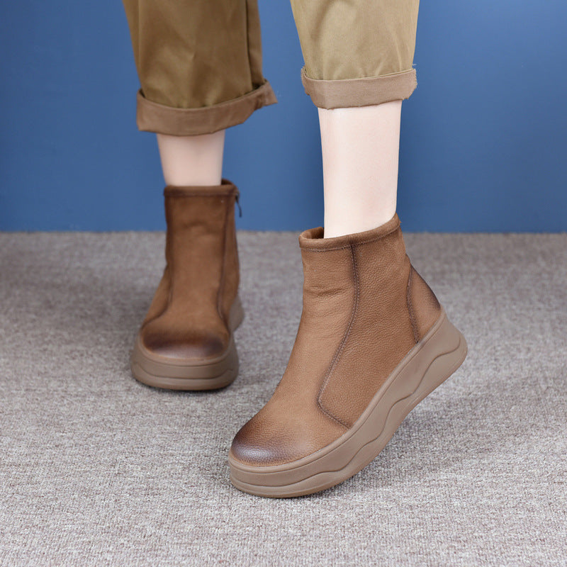 Women's Layer Cowhide Vintage Soft Bottom Fleece-lined Boots