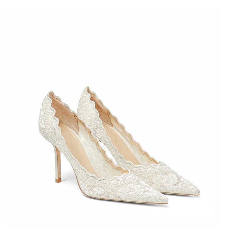 Women's Spring Pointed Stiletto Embroidered Lace Dress Heels
