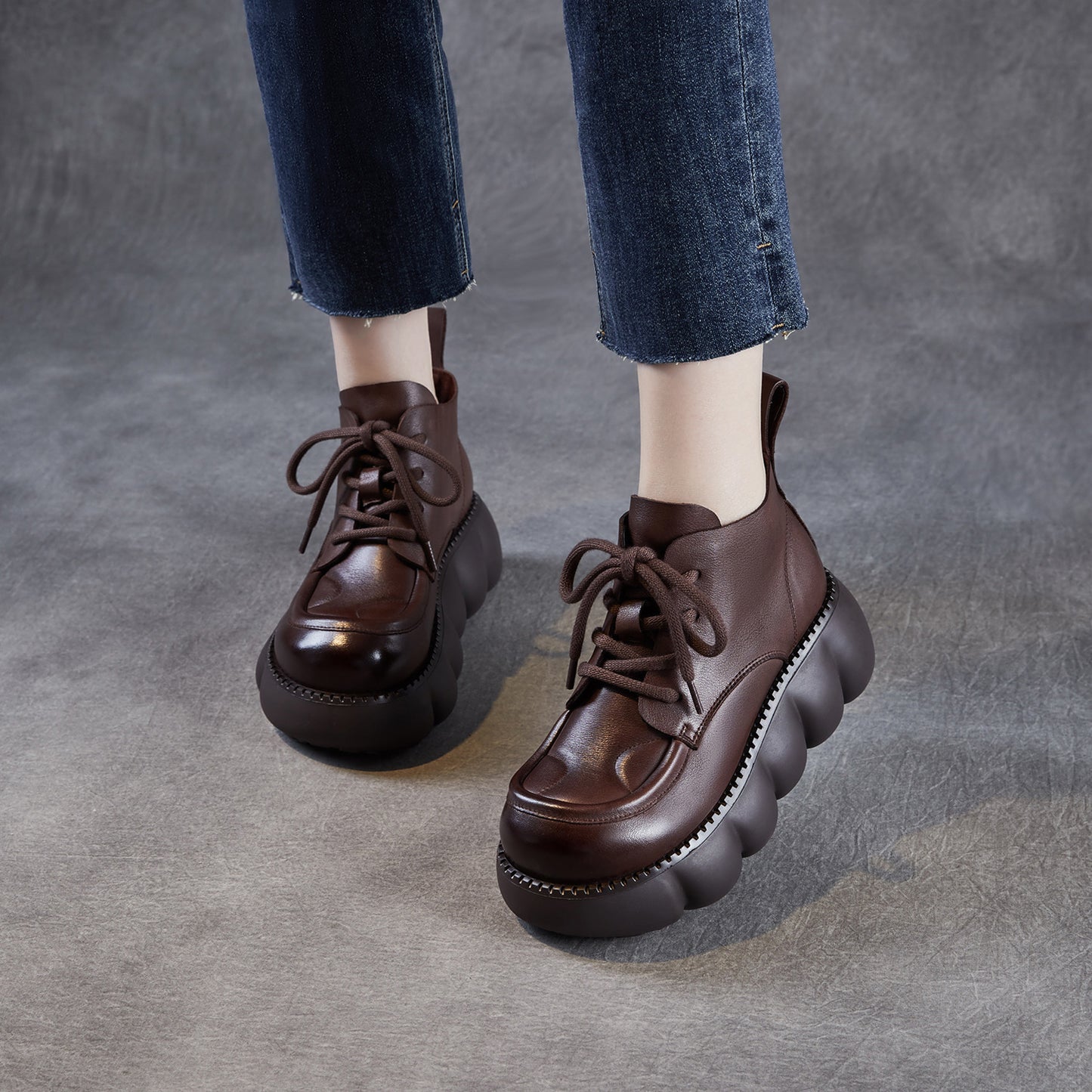 Women's British Retro Round Head Genuine Short Muffin Platform Women's Leather Boots