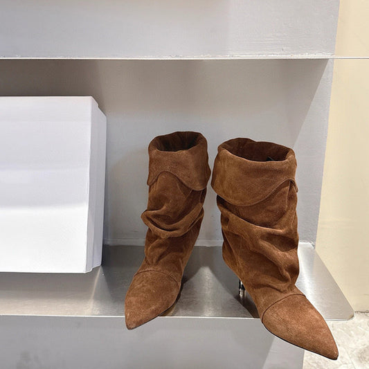 Women's Suede Kitten Booties Pleated Length Loose Socks Retro Slimming Western Women's Leather Boots
