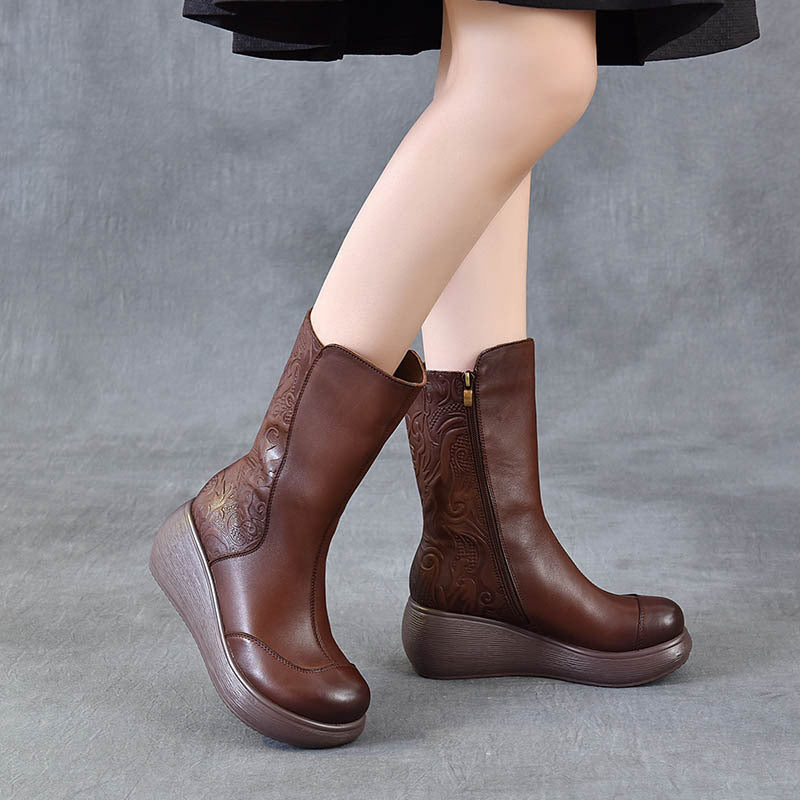 Women's Middle Wedge Platform High-rise With First Layer Of Cowhide Soft Women's Leather Boots