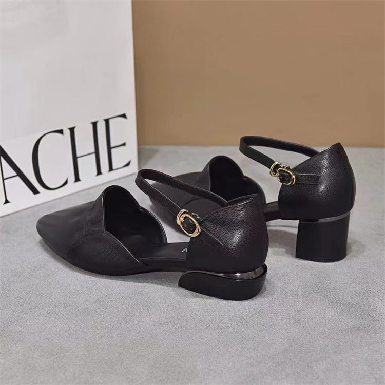 Women's Cowhide Pointed Buckle Hollow Back Empty Chunky High Heeled Sandals