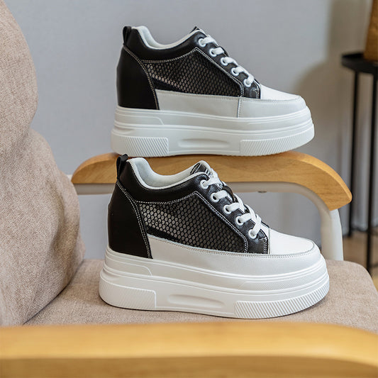 Women's Hidden White Spring Breathable Mesh Platform Height Increasing Heels