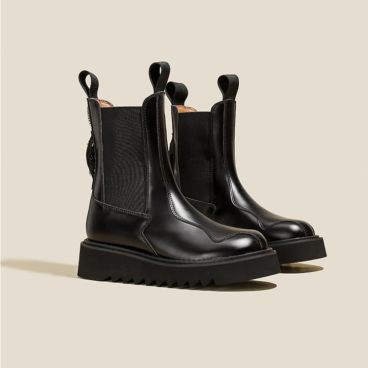 Women's Badge Buckle Height Increasing Chelsea Thick Bottom Short Martin Women's Leather Boots