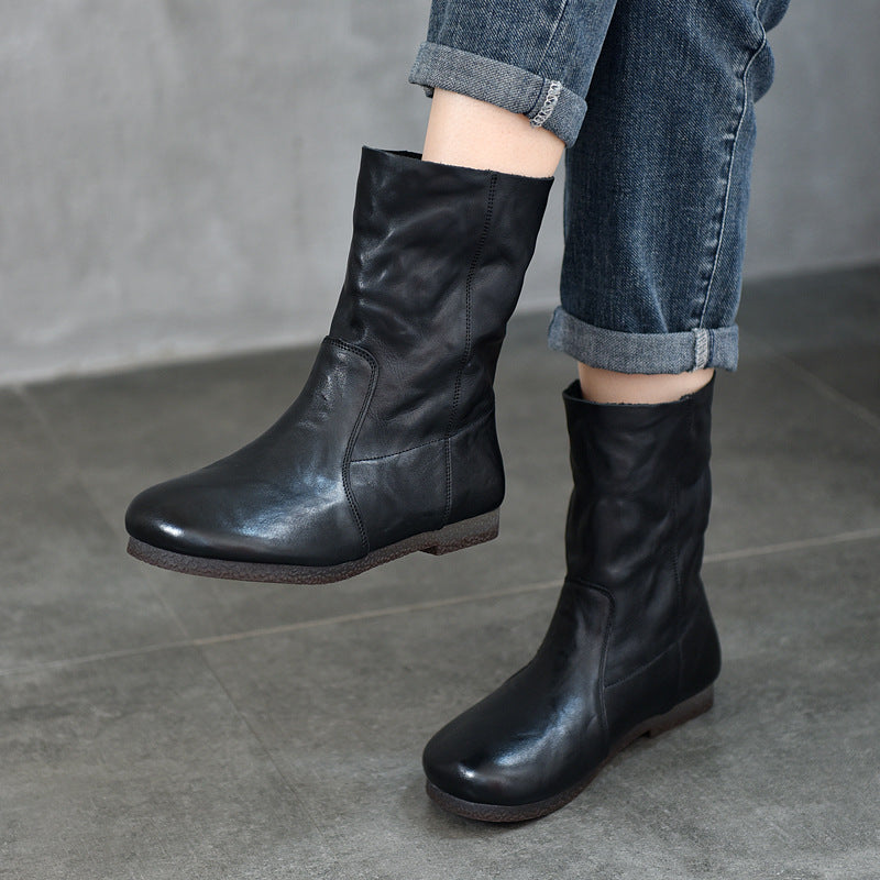 Women's Layer Cowhide Sleeve Middle Round Head Genuine Female Flat Boots