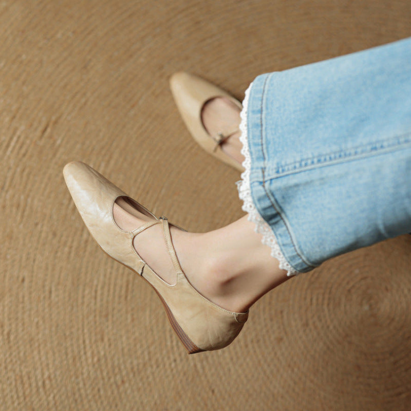 Women's Genuine Cross With Shallow Mouth Pumps Flat Wine Red Mary Women's Casual Shoes