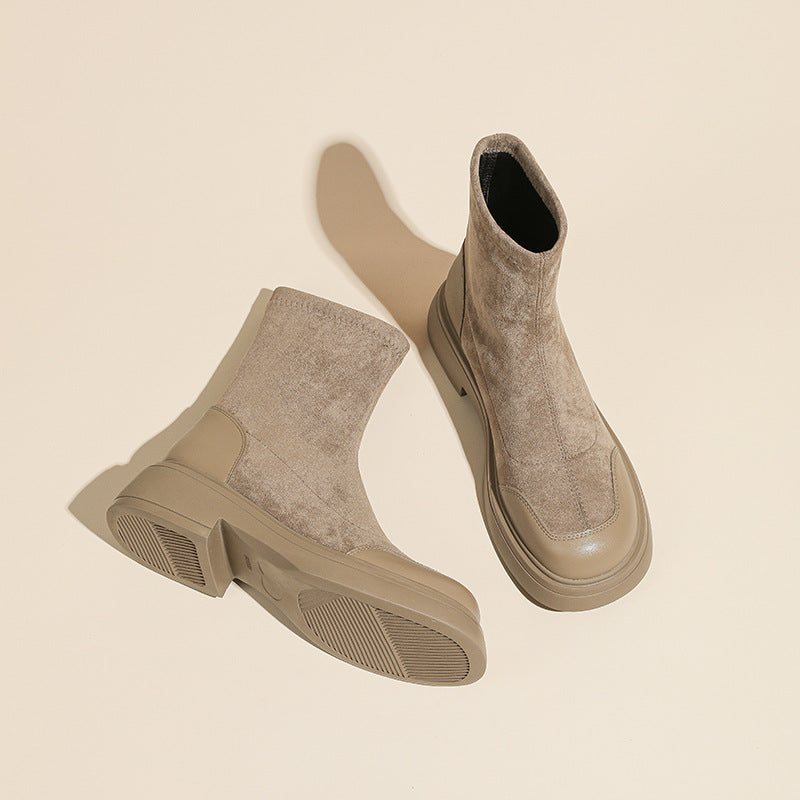 Women's Style Round Toe Suede Ankle Socks Thick Bottom Platform Stretch Women's Leather Boots