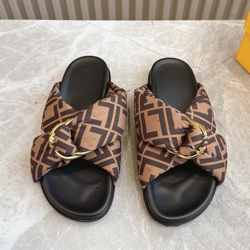 Summer F Home Retro Cross Metal Buckle Bread Flat Slippers
