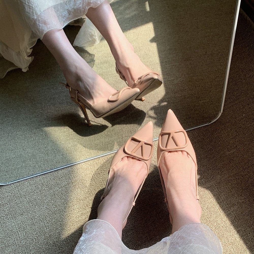 Women's Style One-word Beautiful V Buckle Classy Stiletto Pointed Toe Closed High Heeled Sandals