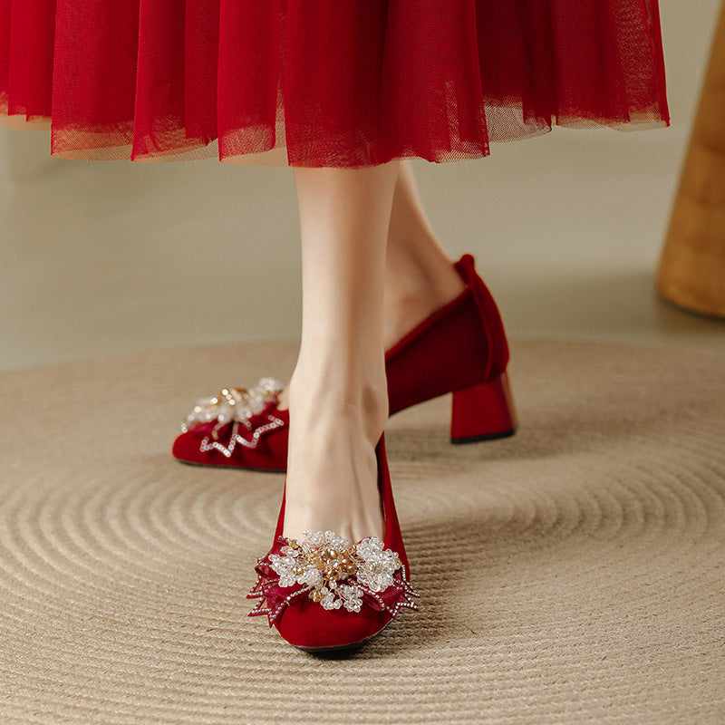 Women's Rhinestone Chunky Red High Square Toe Women's Fashion Shoes