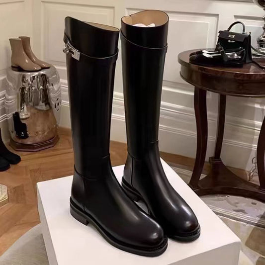 Women's Increasing Insole Below The Knee Long Biker Small Fleece-lined Women's Leather Boots