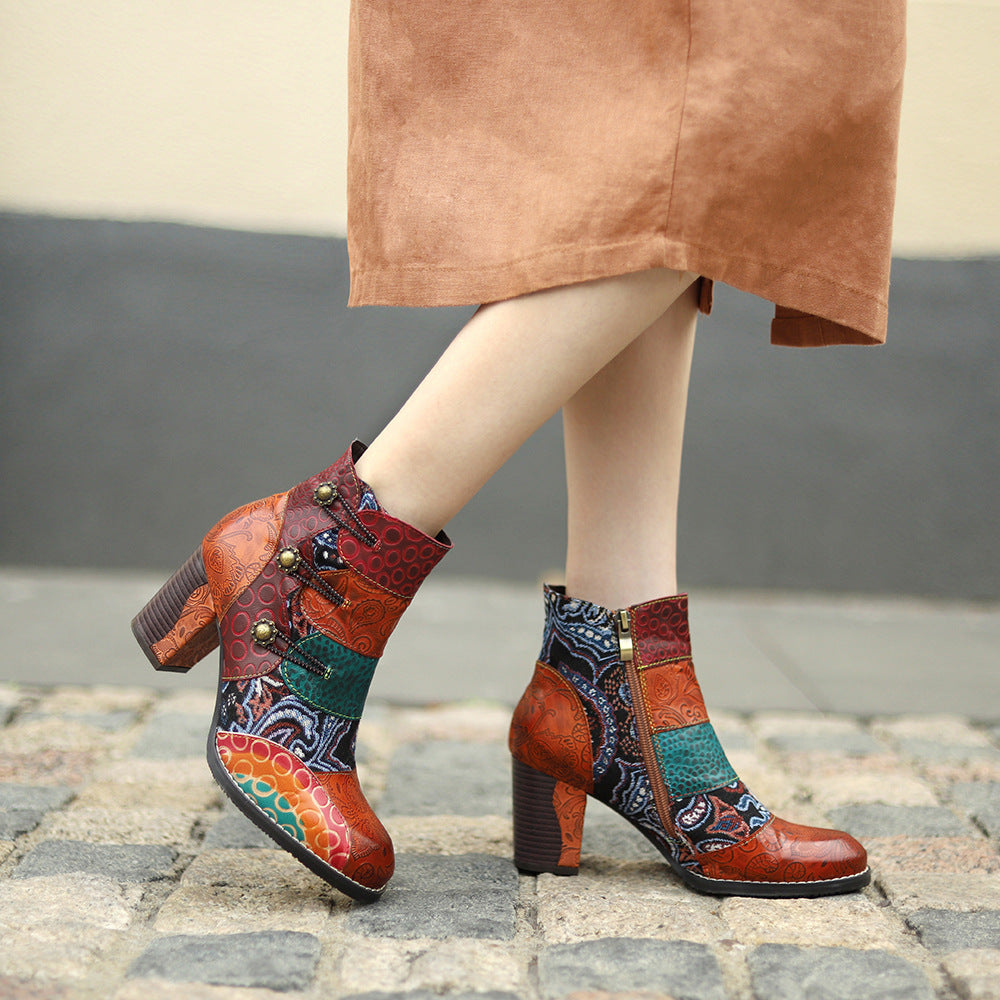 Women's Stitching Jacquard Techniques Fashion Comfortable Thick Women's Leather Boots