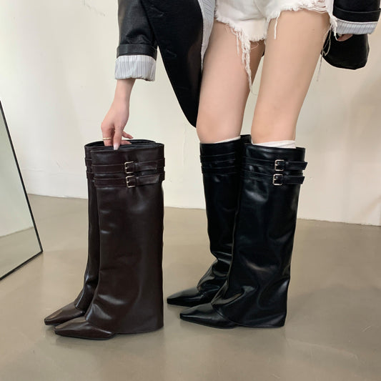 Korean Style Fashionable Pantyhose Pointed Toe Thin Mid Below The Women's Leather Boots