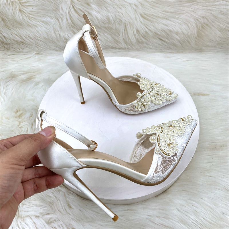 Women's Pointed Toe Cap Rhinestone Lace Buckle High Heeled Sandals