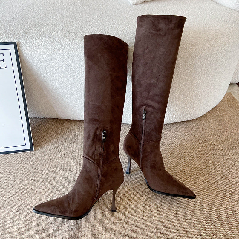 Women's Suede Pointed Toe Stiletto Pleated Pile Women's Leather Boots