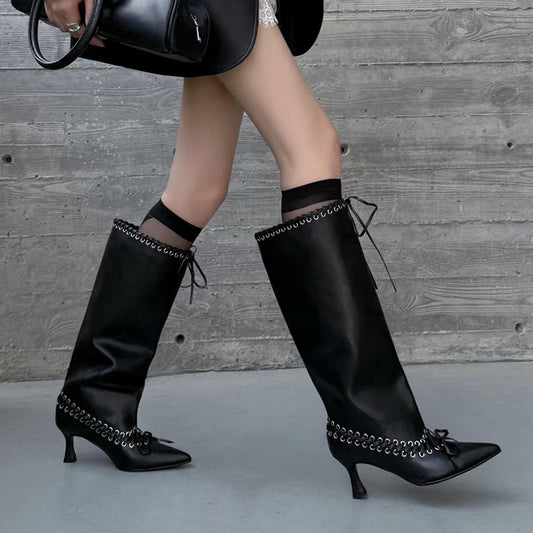 Women's Cowhide Version Pointed Stiletto Loose Straight Tall Knight Women's Leather Boots