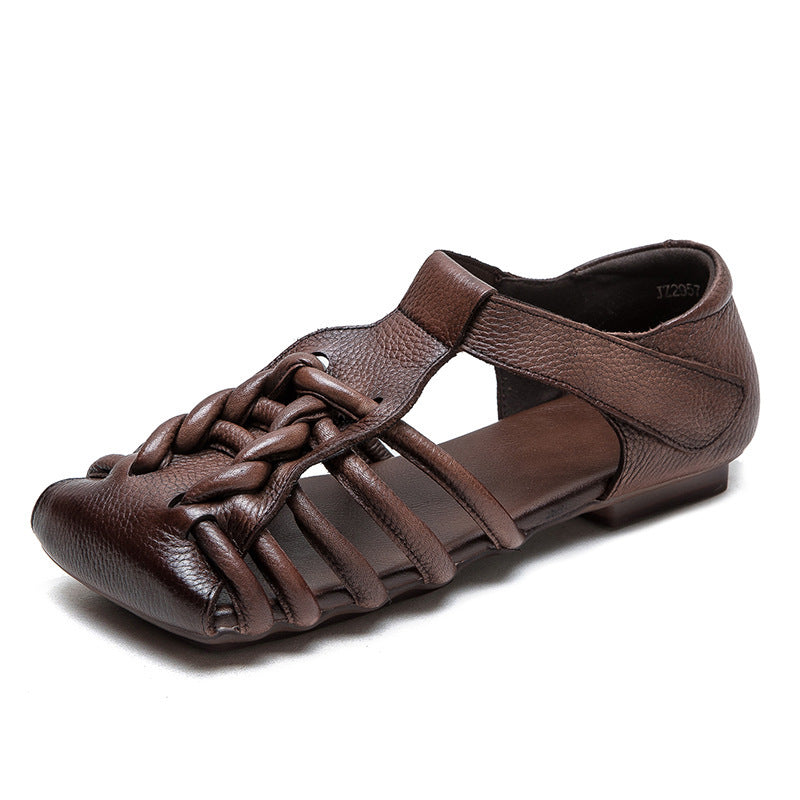 Women's Summer Woven Square Toe Breathable Hollow Retro Flat Sandals