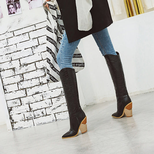 Women's Scale Grain Pointed Toe High Leg Women's Leather Boots