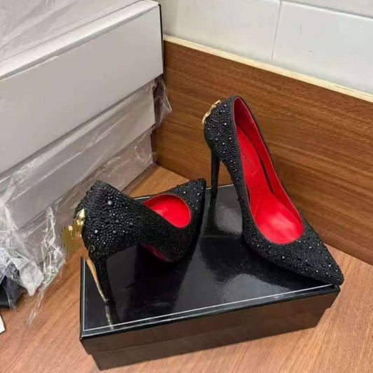 Large Size Gold Truncheon High Super Printed Red Bottom Pointed Women's Fashion Shoes