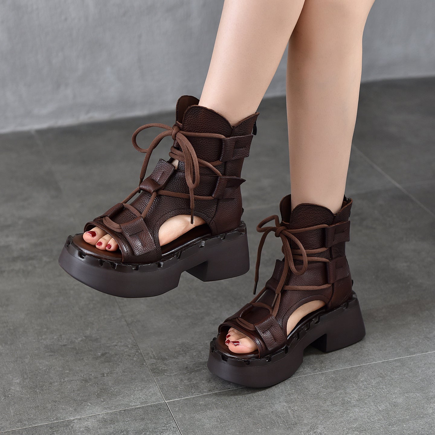 Women's Layer Cowhide Hollow Peep Toe Roman High Heeled Sandals