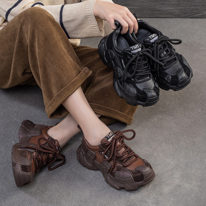 Women's Comfortable First Layer Cowhide Round Toe Dad Women's Casual Shoes