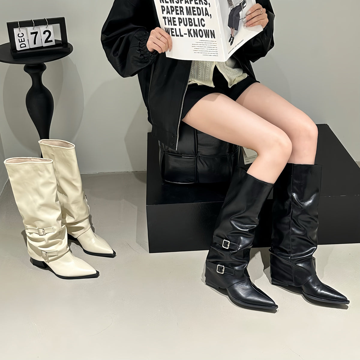 Pants Pointed Long Female Black Pile Style Women's Leather Boots