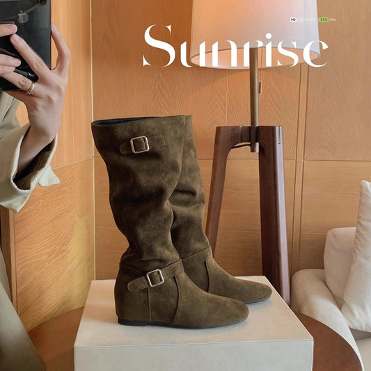 Women's Insole Korean Fashionable Buckle Design Pile Women's Leather Boots
