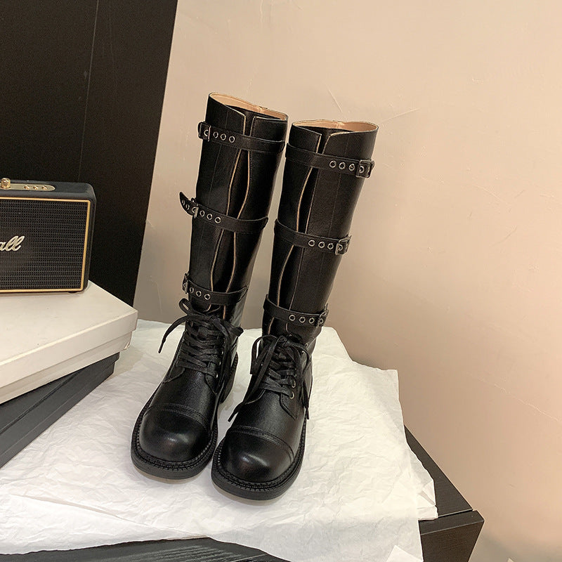 Belt Buckle Retro Chunky Tube Knight Boots