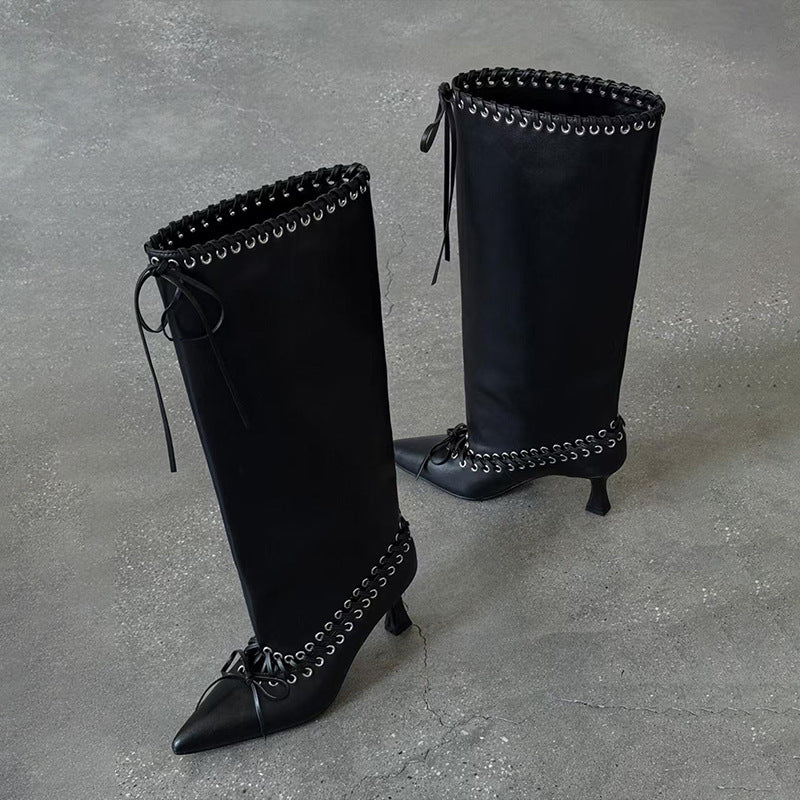 Women's Cowhide Version Pointed Stiletto Loose Straight Tall Knight Women's Leather Boots