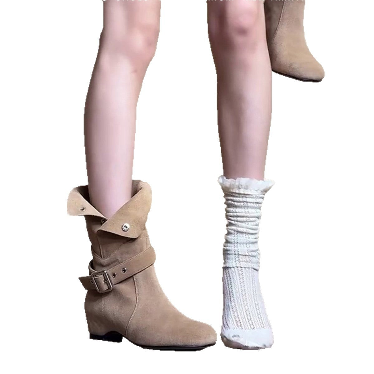 Women's Home Retro Folding Two-way Wear Bootie Height Increasing Insole Belt Women's Leather Boots