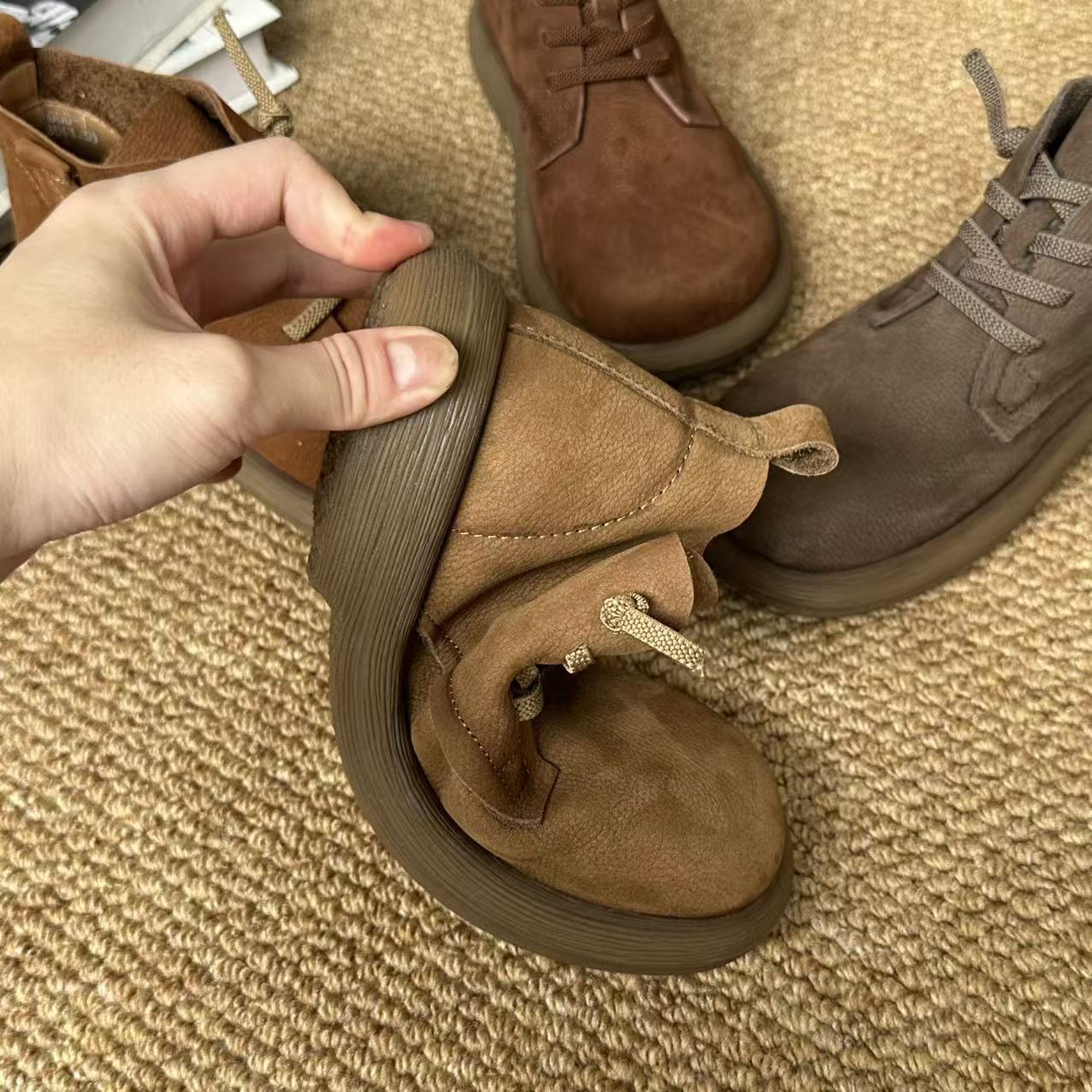 Layer Cowhide Retro Ankle Cotton Linen Style Genuine Round Toe Boots