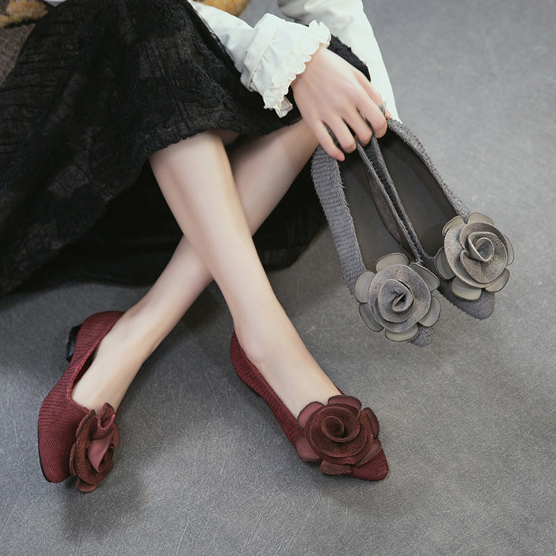 Layer Cowhide Flower Flat Pumps Slip-on Lofter Lightweight Comfortable Fashionable Women's Casual Shoes