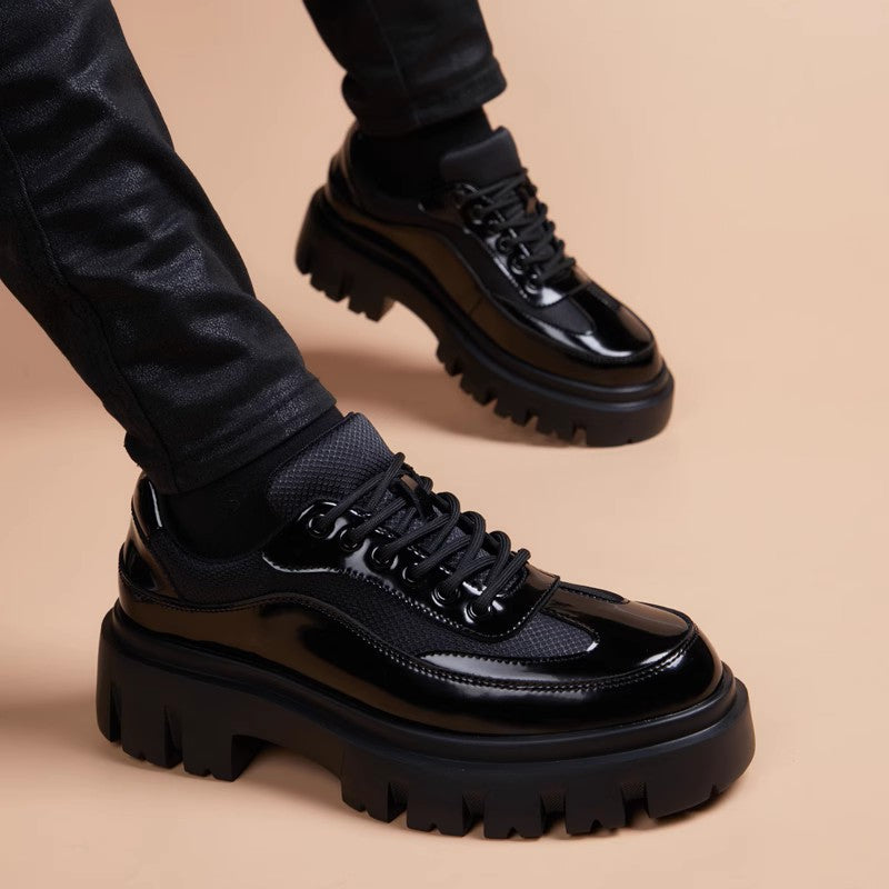Men's Thick Bottom Hight Increasing British Round Toe Formal Wear Black Leather Shoes