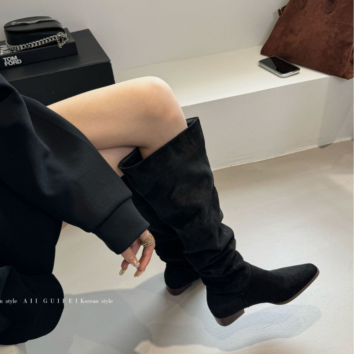 Style Retro Pointed Suede Long Female Wide Tube Boots