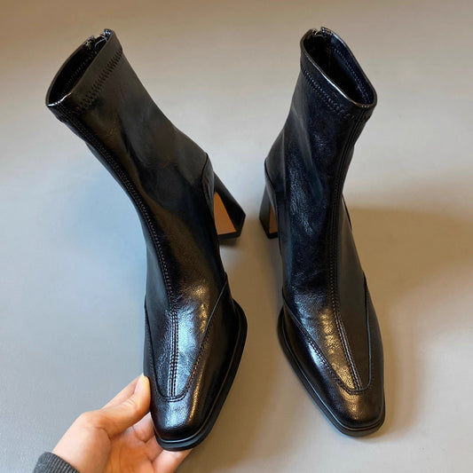 Skinny Square Toe Chunky High Stretch Women's Leather Boots