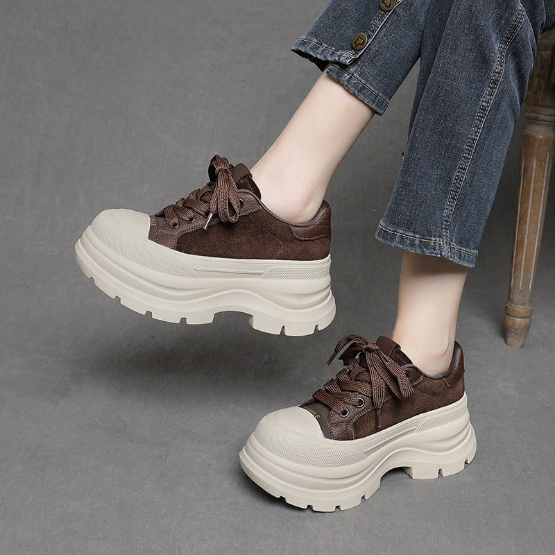 Women's Layer Cowhide Small Thick Bottom Heightened Platform Women's Sports Shoes