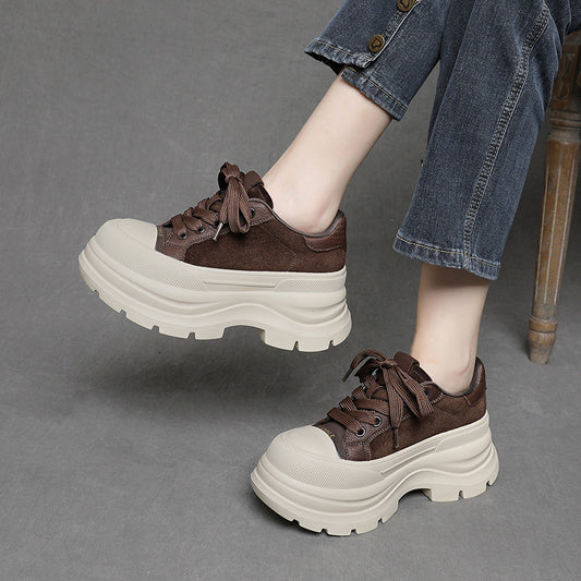 Women's Layer Cowhide Small Thick Bottom Heightened Platform Women's Sports Shoes