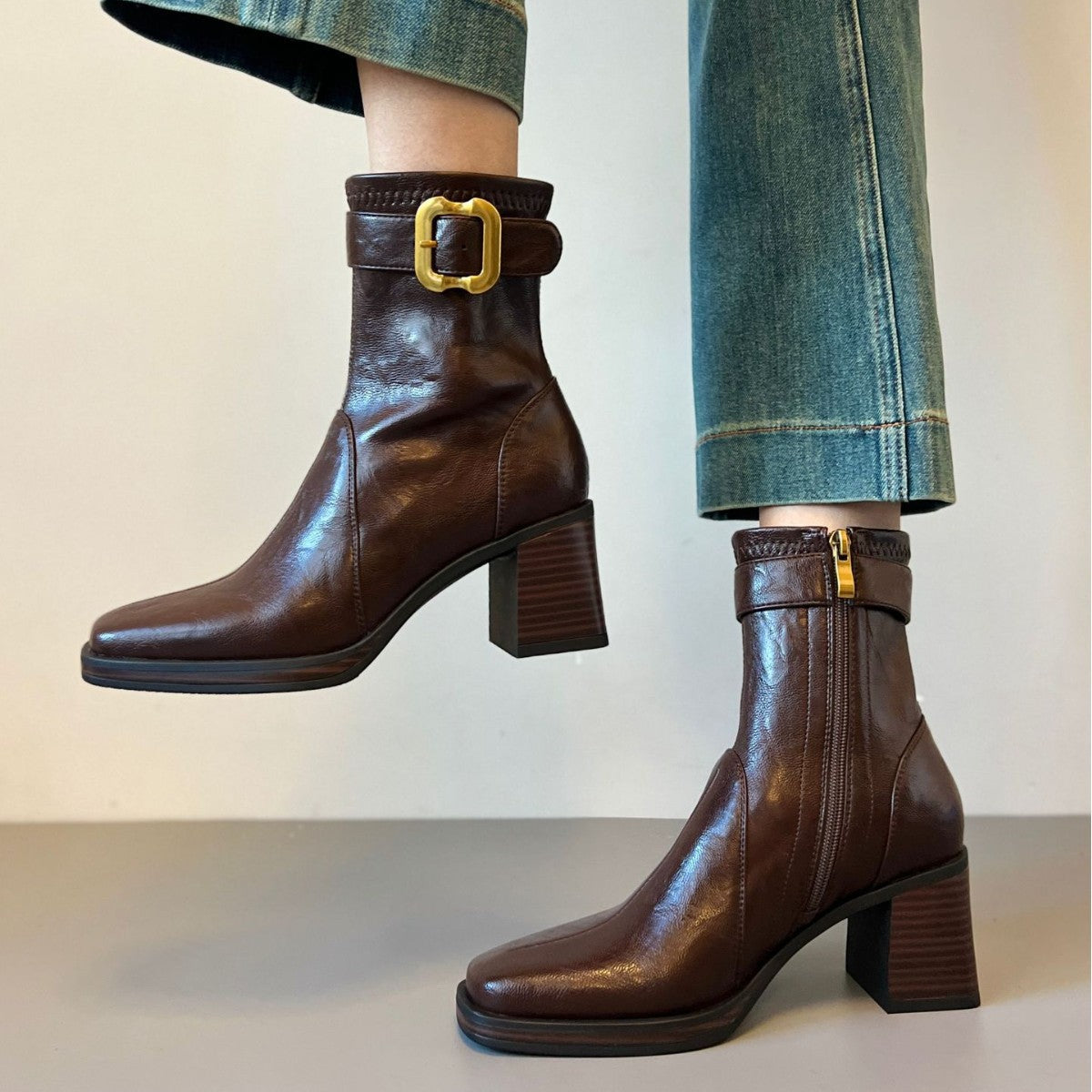 Women's Bottom Square Toe High Short Light Luxury Thick Thin Soft Heels