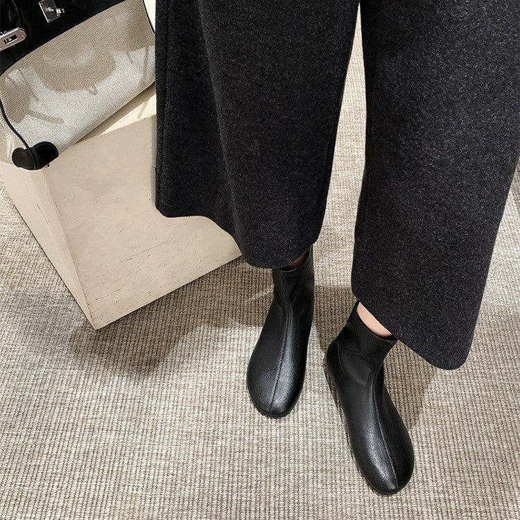Women's Round Toe Simple Middle Socks Stretch Skinny Below The Knee Women's Leather Boots