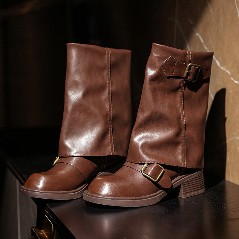 Pleated Pile Style Martin Motorcycle Round Head Boots